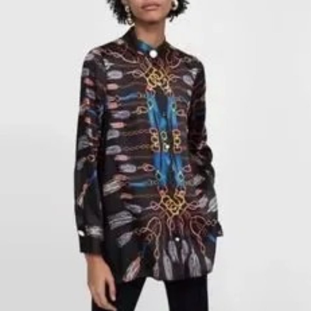 Zara Black Long Sleeve Chain Print Blouse